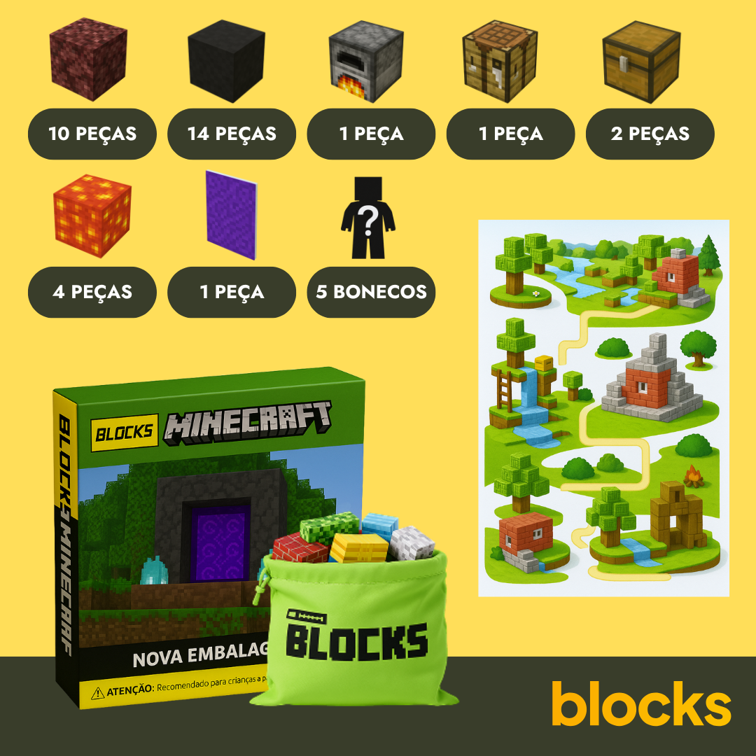 Portal do Nether Minecraft - 32 / 48 / 77 Peças (+5 Bonecos)